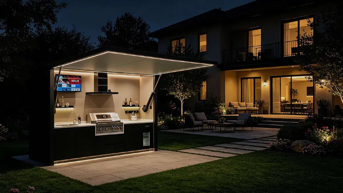 Cuisine d’extérieur BRAISIÈRE ouverte, éclairée de nuit dans un jardin