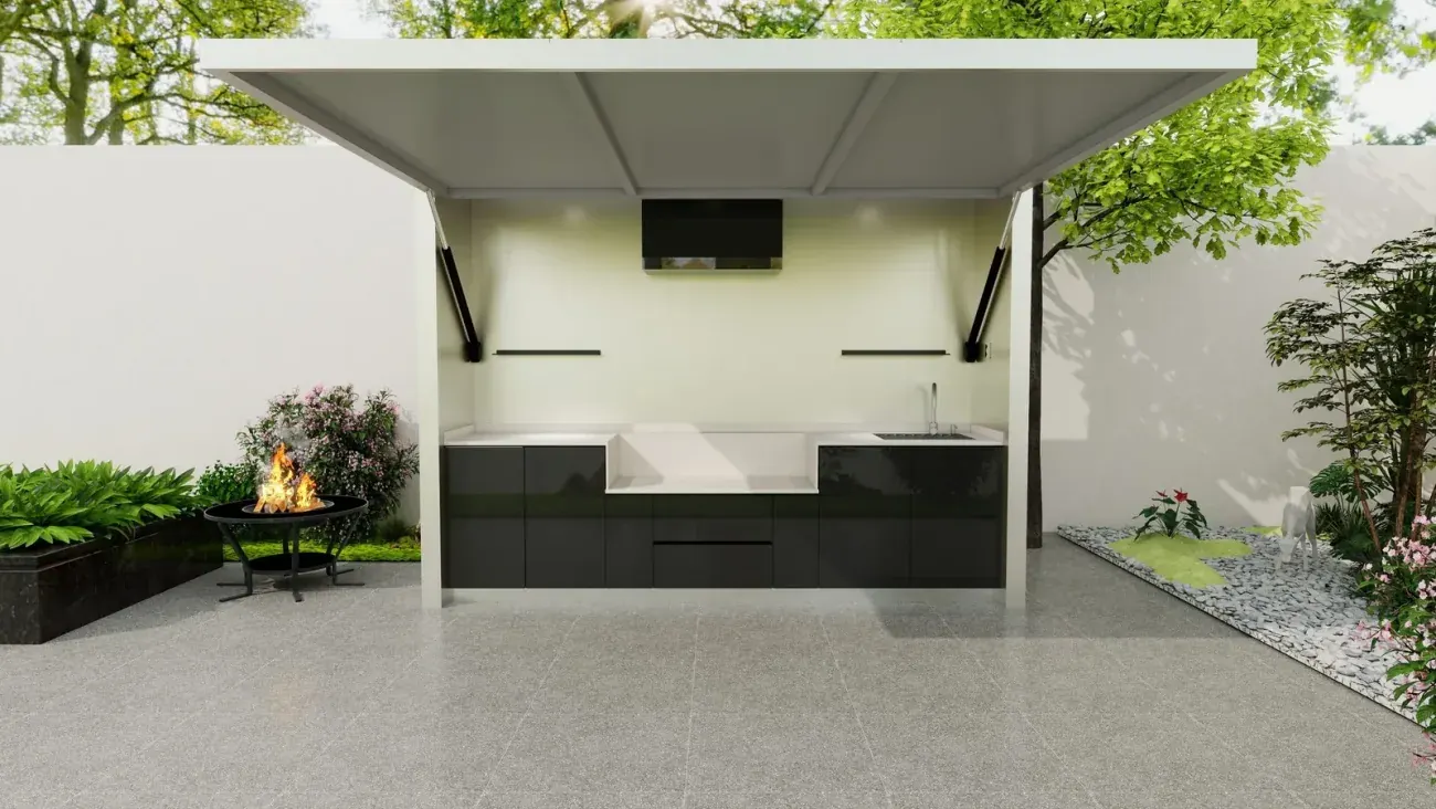 Cuisine d’extérieur BRAISIÈRE Deluxe, scène de configuration, auvent ouvert