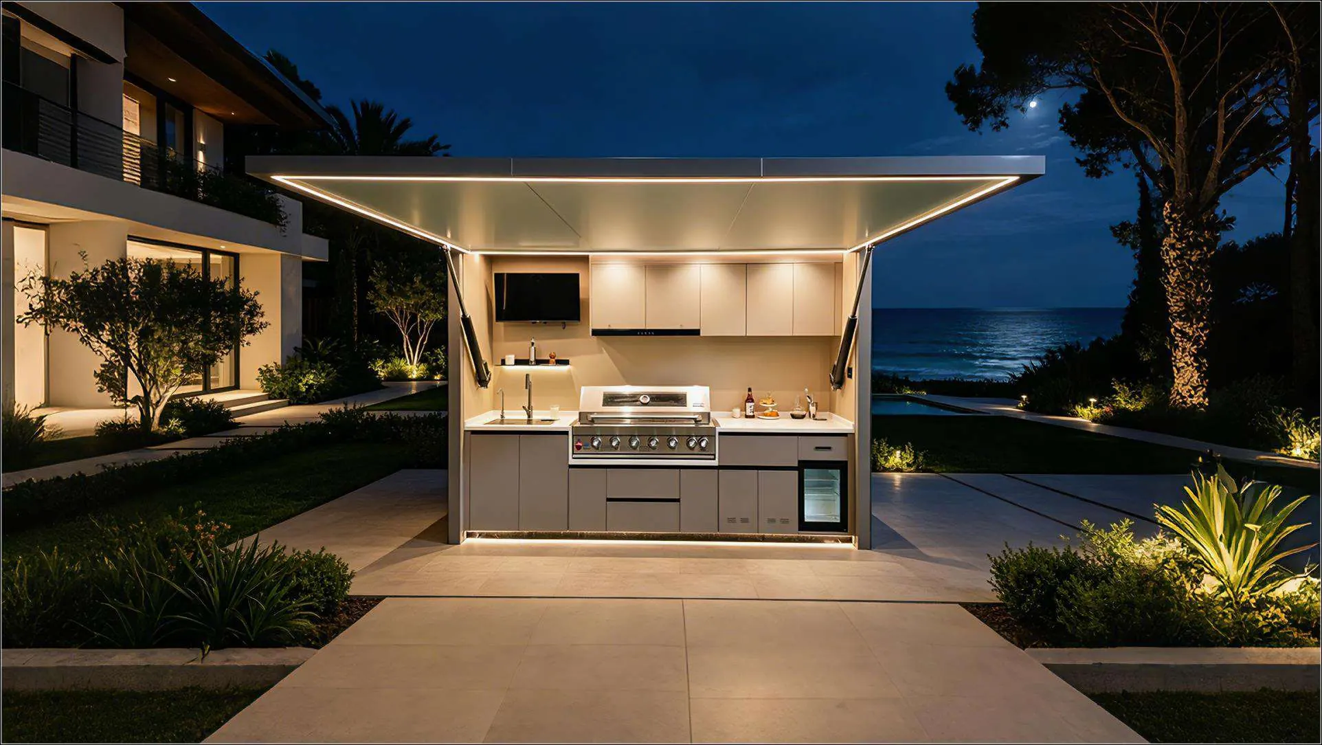 Cuisine d’extérieur ouverte face à la mer, de nuit