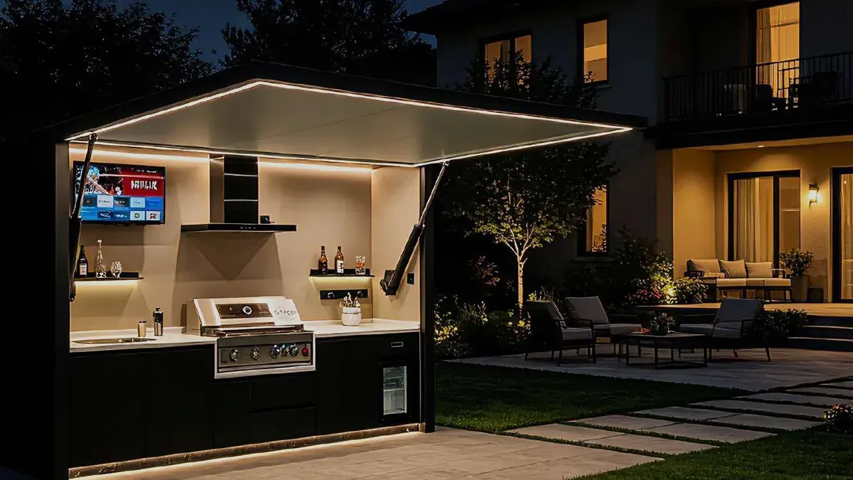Cuisine d’extérieur BRAISIÈRE éclairée de nuit dans un jardin